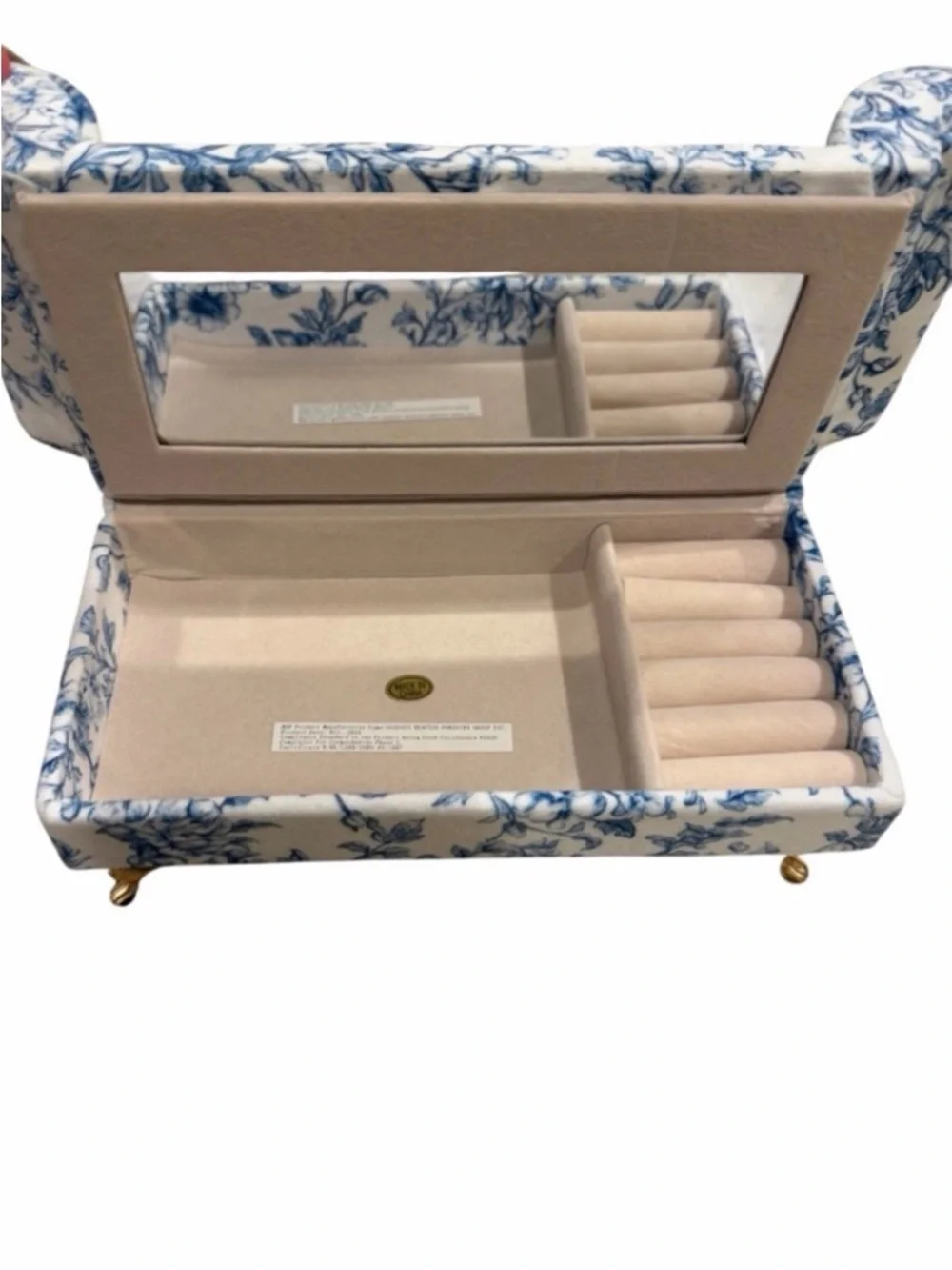 Blue White Floral Toile Sofa Jewelry Box Heart Back Miniature